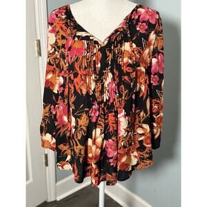 Zoe + Phoebe Black Long Sleeve Ruffle Front Blouse With Floral/Leaf Print, Large